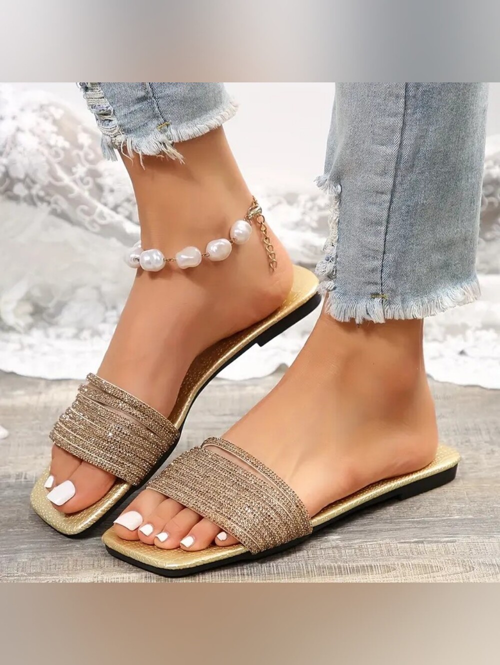Rhinestone Stap Flat Slip On Sandals Gold Sz 41 EU 9 US